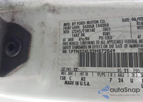 2002 Ford E-250 Commercial/Recreational из США, поврежденный, VIN 1FTNS24L32HB72849